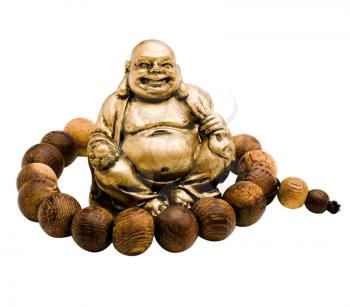 Prayer bead around laughing buddha isolated over white