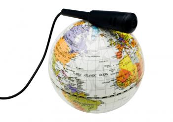 Microphone with a globe on it isolated over white