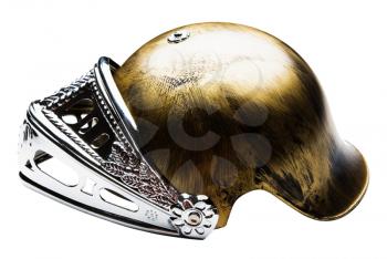 Armor helmet of golden color isolated over white
