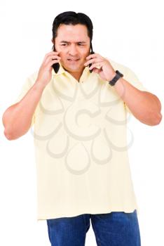 Man talking on mobile phones isolated over white