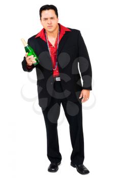 Man holding a champagne bottle isolated over white