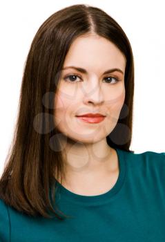 Woman smirking isolated over white