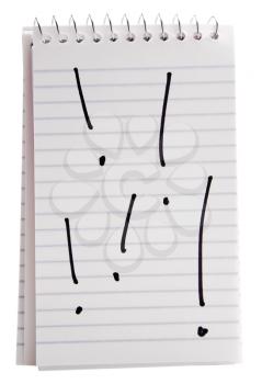Exclamation point on a spiral notebook isolated over white