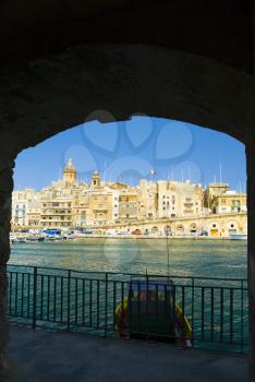 Buildings viewed from an arch, Grand Harbor, Valletta, Malta