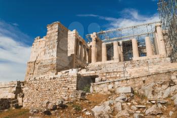 Ruins of an ancient gateway under renovation, Propylaea, Acropolis, Athens, Greece