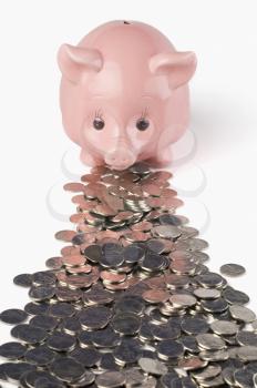 Coins in front of a piggy bank