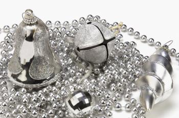 Close-up of silver assorted Christmas ornaments