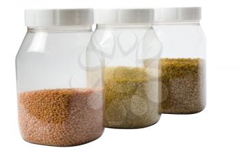 Mung with pigeon pea and lentil pulses in jars