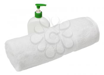 Close-up of a towel with a soap dispenser