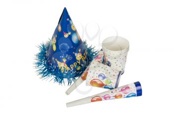 Disposable cups with party horn blowers and a party hat