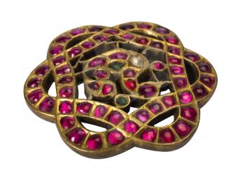 Close-up of a brooch made from gemstones