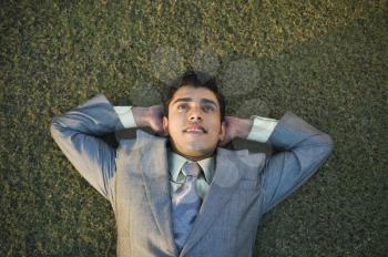 Businessman lying in a park