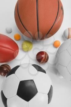 High angle view of assorted sports balls