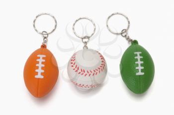 Close-up of assorted key rings of balls representing Indian flag colors