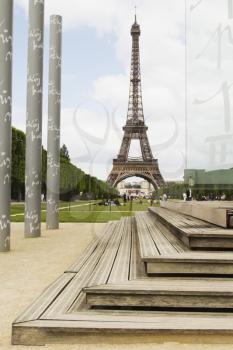Columns with tower in the background, Eiffel Tower, Champ De Mars, Paris, France