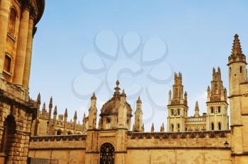 Low angle view of university buildings, Oxford University, Oxford, Oxfordshire, England