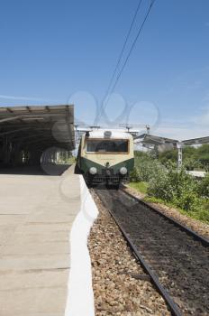 Passenger train at a railroad station, Kanchipuram, Tamil Nadu, India
