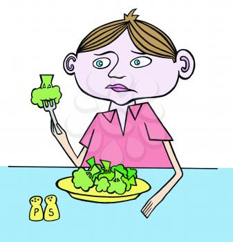 Royalty Free Clipart Image of a Child Eating Broccoli