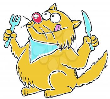 Royalty Free Clipart Image of a Cat With a Knife and Fork