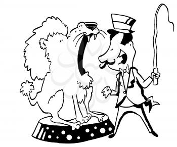 Royalty Free Clipart Image of a Lion and Circus Performer