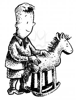Royalty Free Clipart Image of a Boy With a Toy Horse