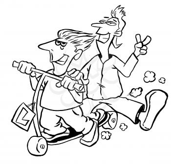 Royalty Free Clipart Image of Boys Riding a Scooter