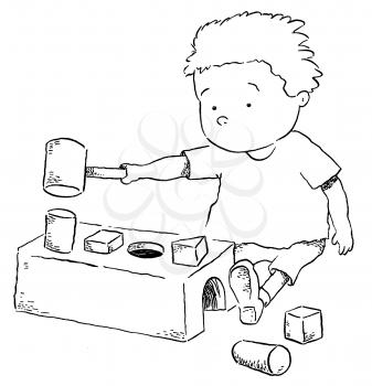 Royalty Free Clipart Image of a Child Hammering a Toy