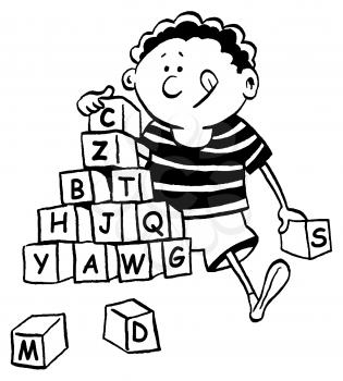 Royalty Free Clipart Image of a Boy With Building Blocks