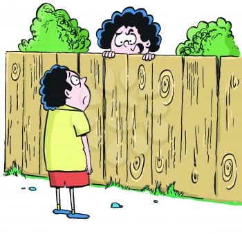 Royalty Free Clipart Image of a Neighbour Children Talking Over a Fence
