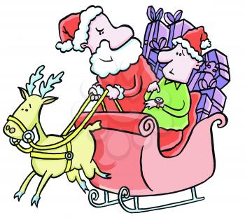Royalty Free Clipart Image of Santa and an Elf in a Sleigh With a Reindeer