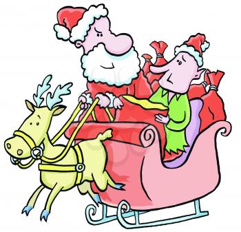 Royalty Free Clipart Image of Santa and an Elf in the Sleigh With a Reindeer
