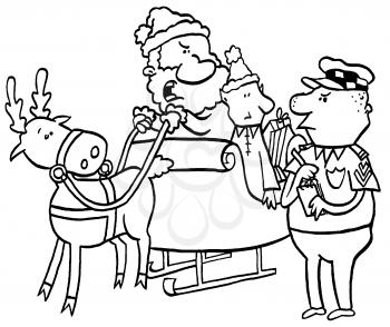 Royalty Free Clipart Image of a Traffic Cop Stopping Santa Claus