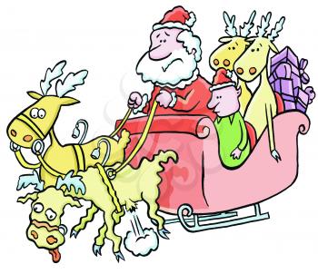 Royalty Free Clipart Image of Santa and a Deflated Reinder
