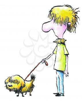 Royalty Free Clipart Image of a Boy With Shaggy Hair Walking a Shaggy Dog