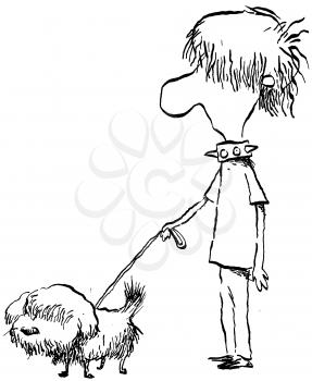 Royalty Free Clipart Image of a Boy With Shaggy Hair Walking a Shaggy Dog