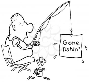 Royalty Free Clipart Image of a Man With the Sign Gone Fishin' on the End of His Fishing Pole
