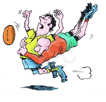 Royalty Free Clipart Image of a Football Player Tackling Another Player