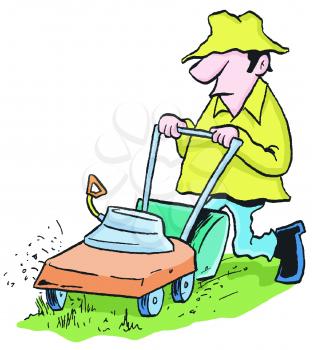 Royalty Free Clipart Image of a Man Mowing His Lawn