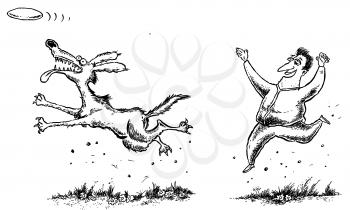 Royalty Free Clipart Image of a Man Throwing a Frisbee for a Dog