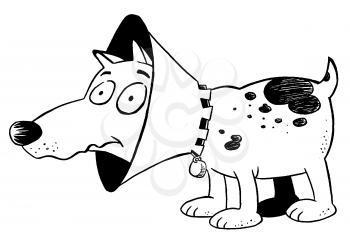 Royalty Free Clipart Image of a Dog Wearing a Cone