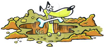 Royalty Free Clipart Image of a Dog With a Bone in a Deep Hole