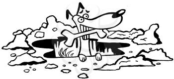 Royalty Free Clipart Image of a Dog in a Hole With a Bone