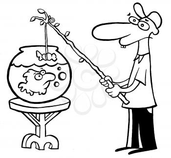 Royalty Free Clipart Image of a Man Fishing in a Fish Bowl