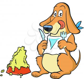 Royalty Free Clipart Image of a Hungry Dog With a Big Bowl of Food