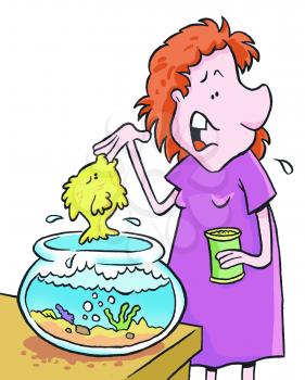 Royalty Free Clipart Image of a Woman With a Fish Hanging on Her Finger