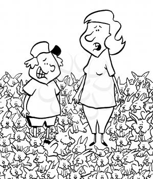 Royalty Free Clipart Image of a Woman and Child With Many Rabbits