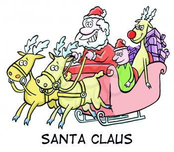 Royalty Free Clipart Image of Santa, an Elf and a Reindeer in a Sleigh