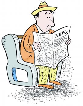 Royalty Free Clipart Image of a Man Reading a Newspaper With the Type Falling Off