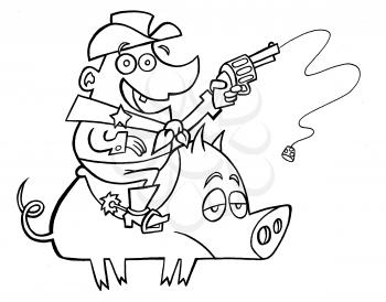 Royalty Free Clipart Image of a Boy With a Gun Riding a Pig