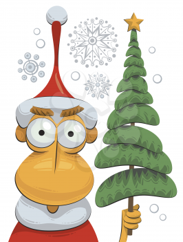 Royalty Free Clipart Image of Santa Claus Holding a Tree